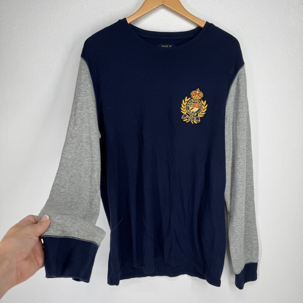 Polo Ralph Lauren Mens Thermal Waffle Knit Shirt Navy Gray Crest Size L Heritage